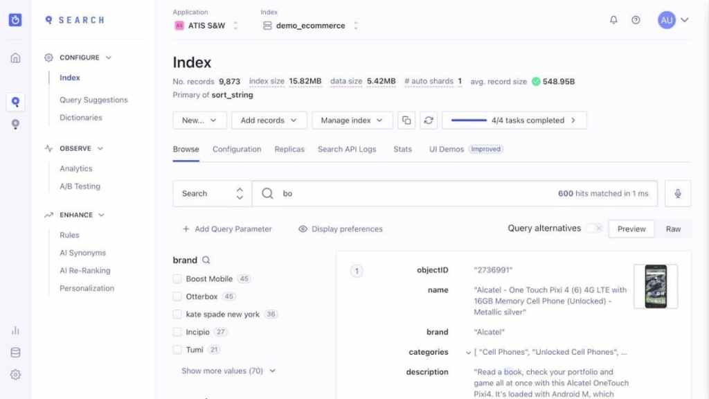 Screenshot of Algolia's search dashboard's Index section showing the many ways one can configure search indices. A/B testing and analytics are a click away.