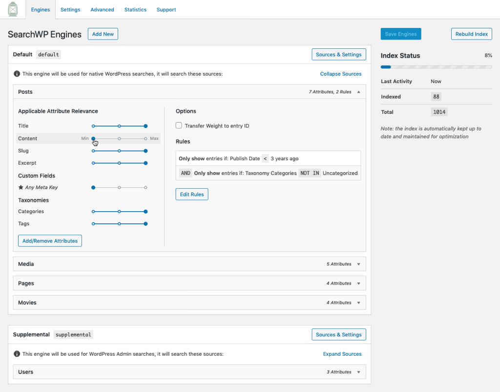 Screenshot of the SearchWP dashboard showing the many ways site search can be customized: by post type, by adding rules regarding publication date or taxonomy, etc.