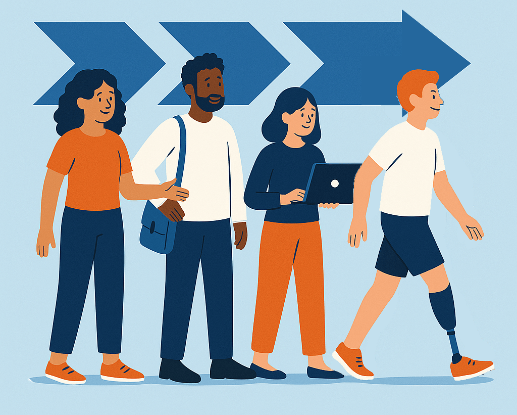 Four individuals of various gender, race, and ability headed to the right with a blue, segmented arrow pointing the way above them.